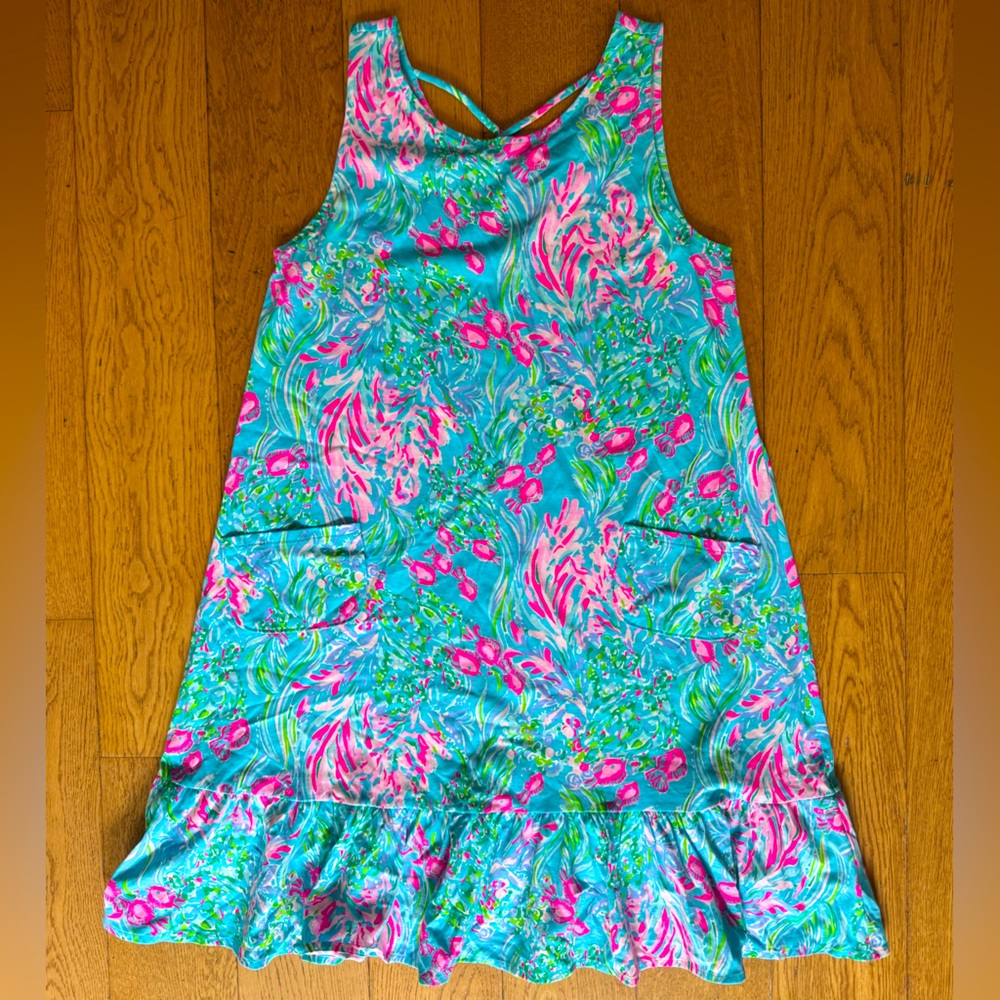 Lilly Pulitzer Kristen Flounce Swing Dress SZ S Amalfi Blue Best Fishes - Picture 4 of 15
